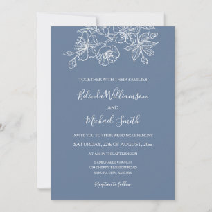Dusty Blue White Floral Line Art Wedding Invitation