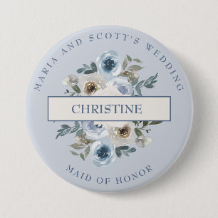 Dusty Blue White Floral Maid of Honor 7.5 Cm Round Badge