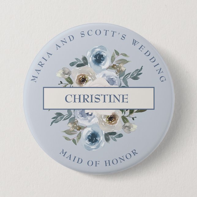 Dusty Blue White Floral Maid of Honor 7.5 Cm Round Badge (Front)