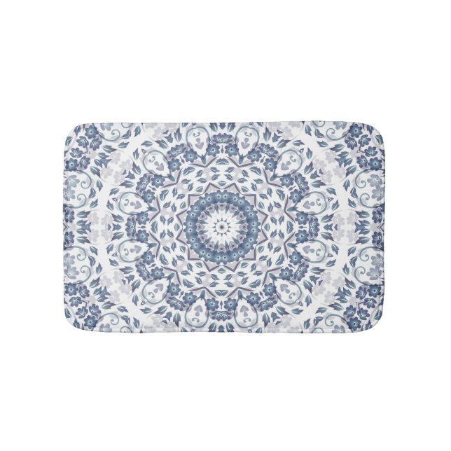  Dusty Blue White Floral Mandala Bath Mat (Front)