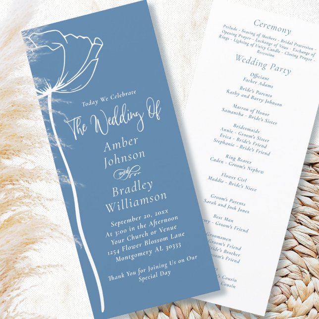 Dusty Blue White Floral Modern Minimal Wedding  Programme (Creator Uploaded)