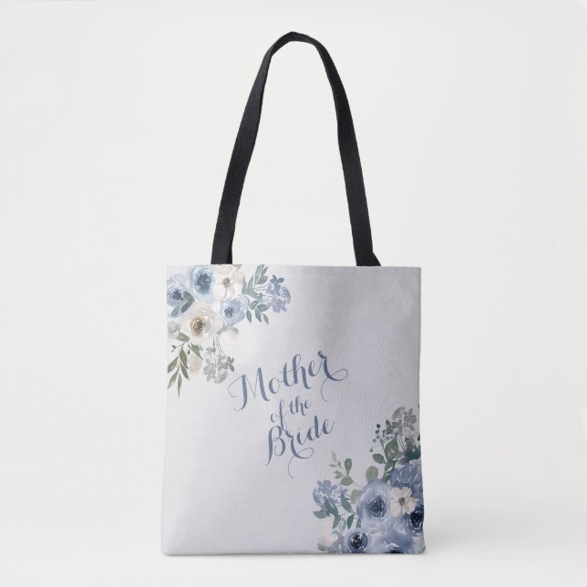 Dusty Blue White Floral Mother of the Bride Tote Bag (Front)