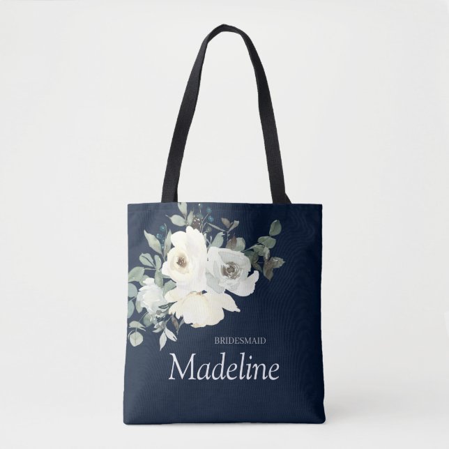 Dusty Blue & White Floral- Navy Tote Bag (Front)