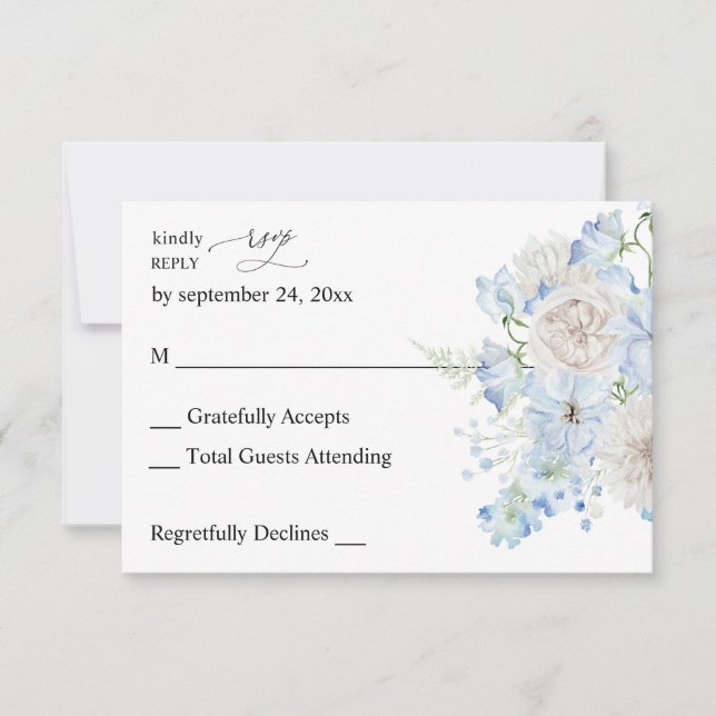 Dusty Blue & White Floral no Meal RSVP Card (Front)
