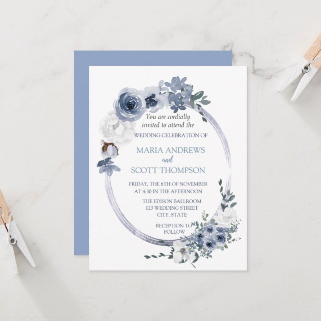Dusty Blue White Floral Oval Frame Wedding Invitation (Front/Back In Situ)