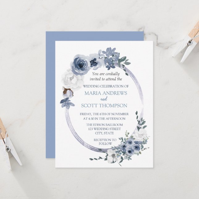 Dusty Blue White Floral Oval Frame Wedding Invitation (Front/Back In Situ)