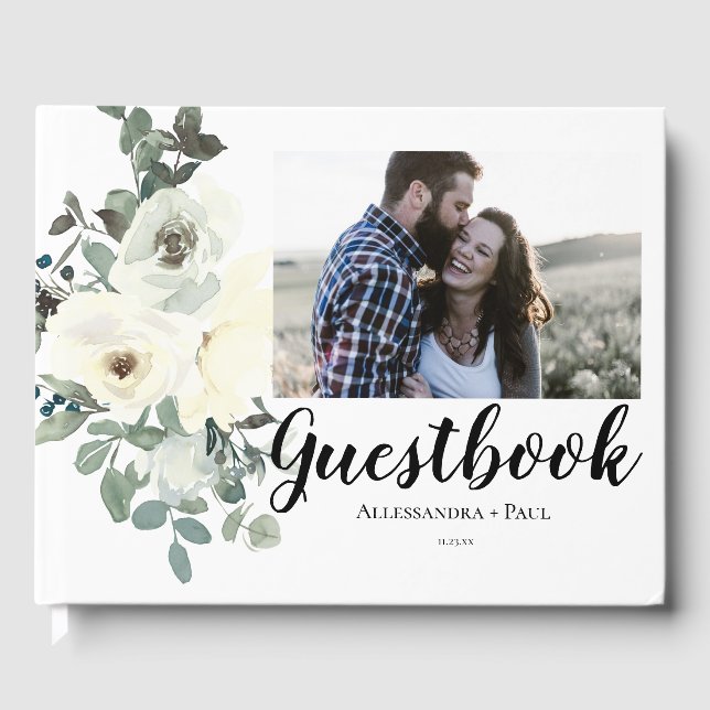 Dusty Blue & White Floral Photo 2 Guest Book (Front)