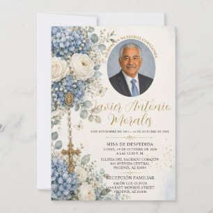 Dusty Blue White Floral Photo Catholic Funeral Invitation