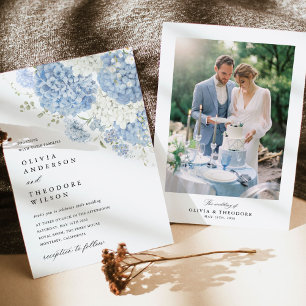 Dusty Blue White Floral Photo Elegant Wedding Invitation