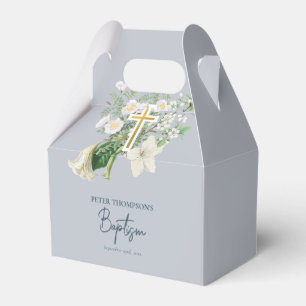 Dusty Blue White Floral Religious Cross Baptism Favour Box