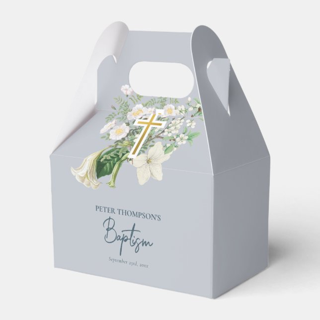 Dusty Blue White Floral Religious Cross Baptism  Favour Box (Front Side)