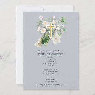 Dusty Blue White Floral Religious Cross Baptism Invitation