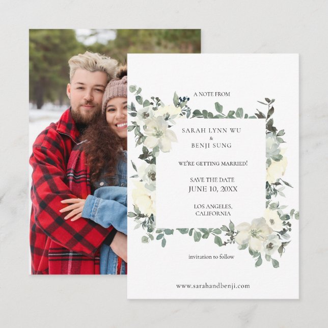 Dusty Blue & White Floral Save The Date w Photo (Front/Back)