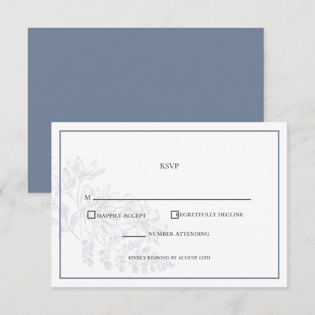 Dusty Blue White Floral Simple Wedding  RSVP Card (Front/Back)