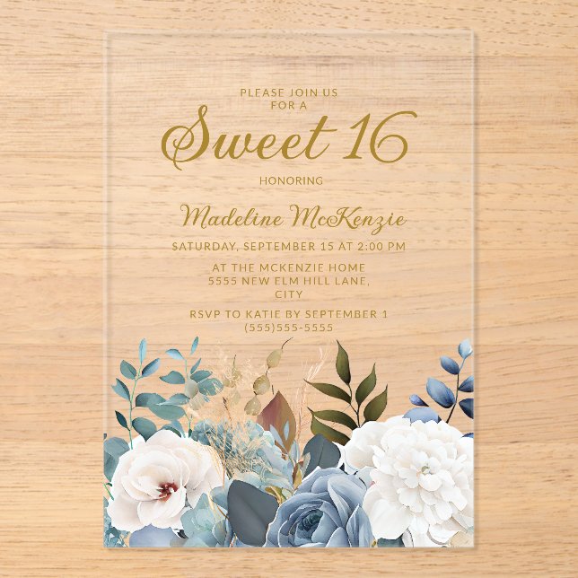 Dusty Blue White Floral Sweet 16  Acrylic Invitations (Front)