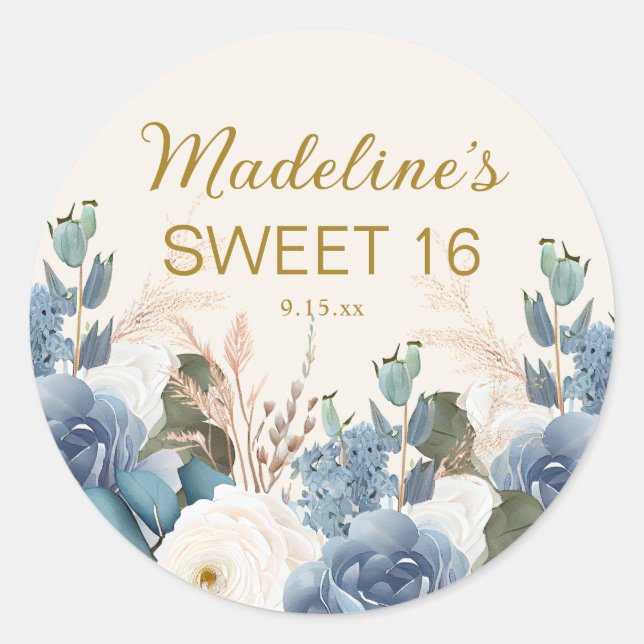 Dusty Blue White Floral Sweet 16 Birthday Name Classic Round Sticker (Front)