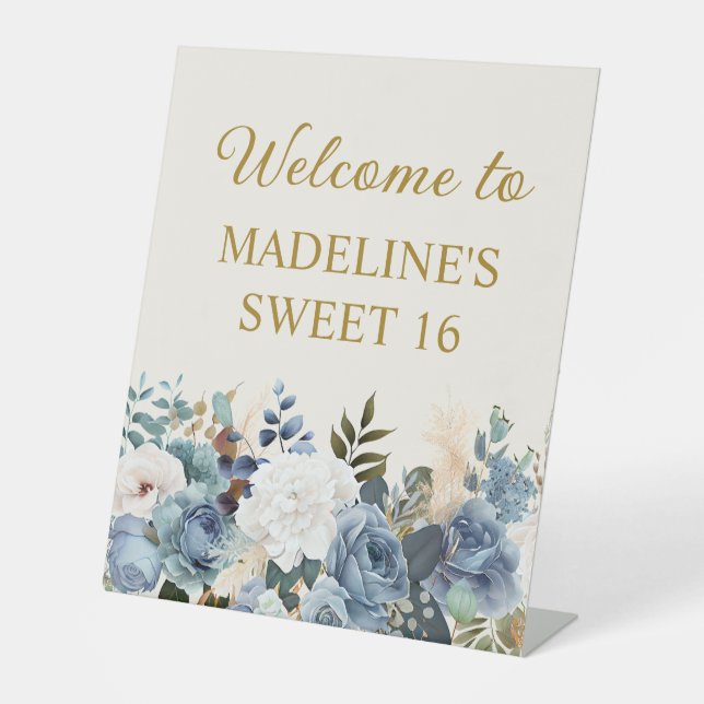 Dusty Blue White Floral Sweet 16 Welcome  Pedestal Sign (Front)