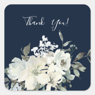 Dusty Blue & White Floral Thank You- Navy V2 Square Sticker