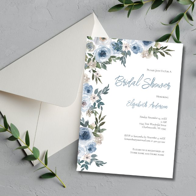 Dusty Blue White Floral Watercolor Bridal Shower  Invitation (Dusty Blue Floral Greenery Watercolor Elegant Bridal Shower invitation)