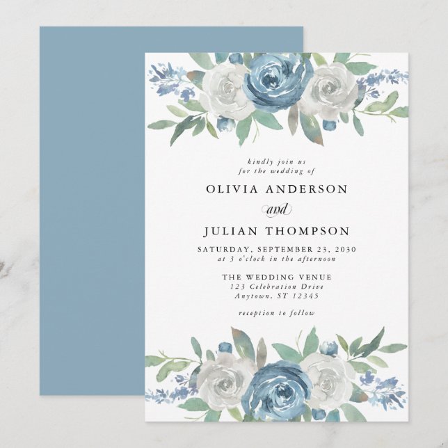 Dusty Blue & White Floral Watercolor Wedding Invitation (Front/Back)