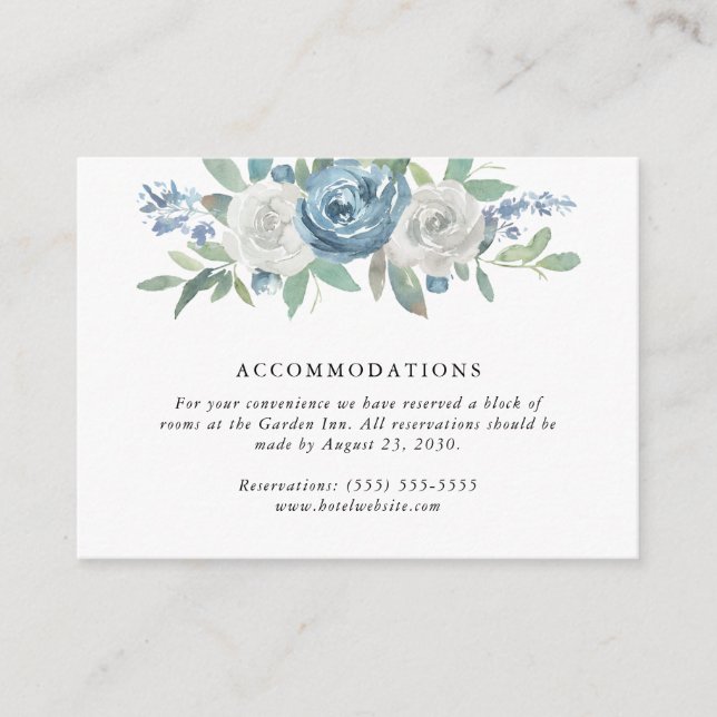 Dusty Blue & White Floral Wedding Accommodations Enclosure Card (Front)