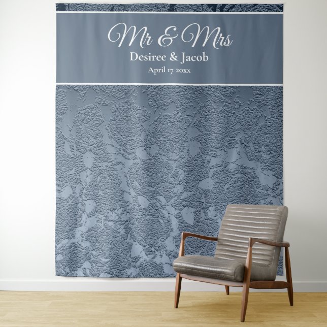 Dusty Blue White Floral Wedding Backdrop Tapestry (In Situ)
