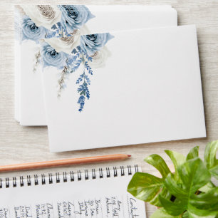 Dusty Blue White Floral Wedding Bridal Engagement Envelope