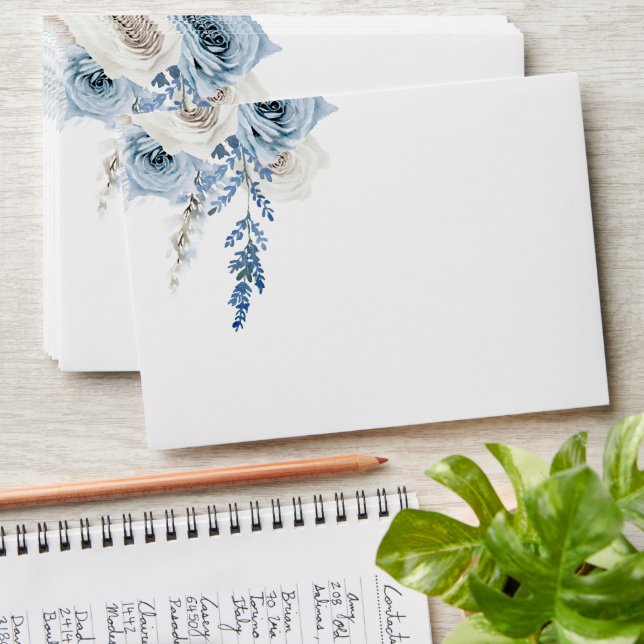 Dusty Blue White Floral Wedding Bridal Engagement Envelope (Stacked)