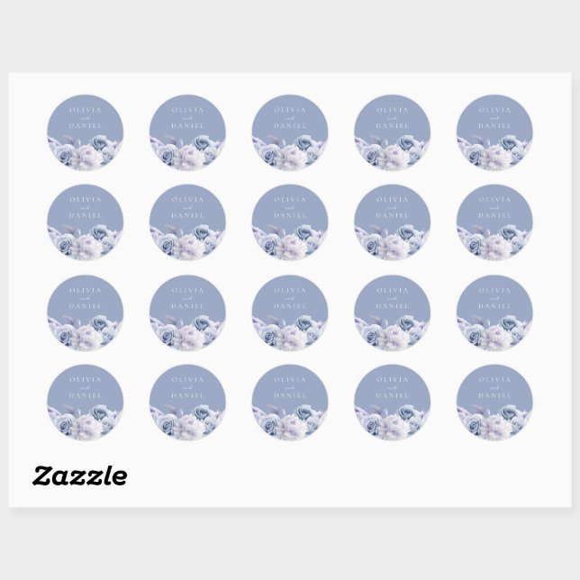 Dusty Blue & White Floral Wedding Classic Round Sticker (Sheet)
