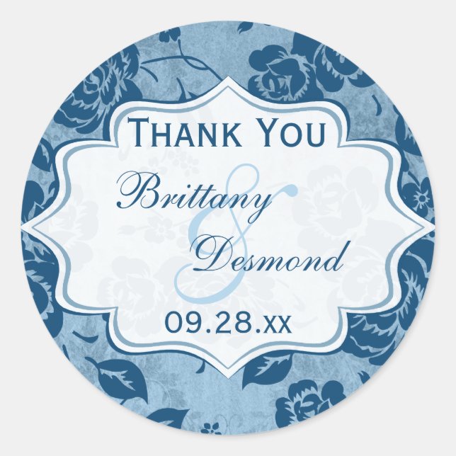 Dusty Blue, White Floral Wedding Favour Sticker (Front)