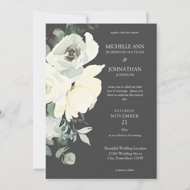 Dusty Blue & White Floral Wedding- Grey Invitation (Front)