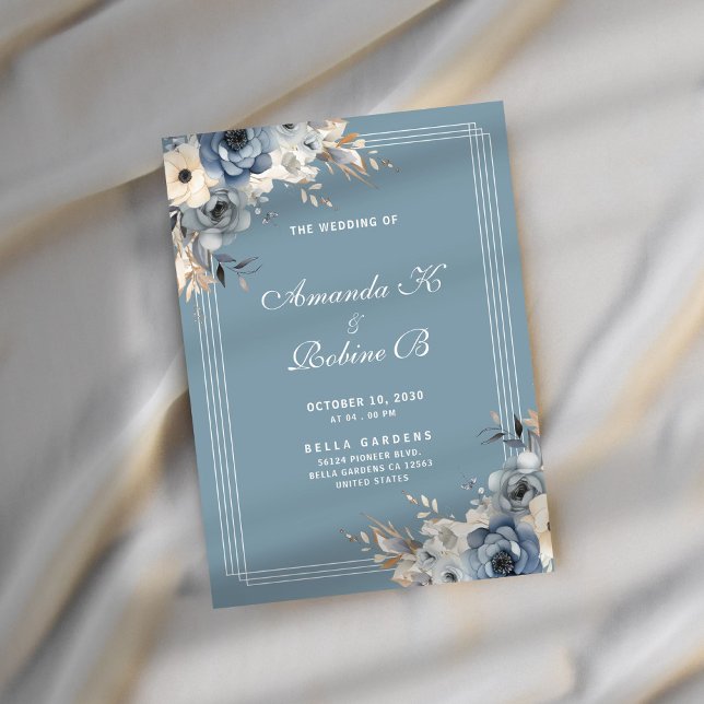 Dusty Blue & White Floral Wedding Invitation (Creator Uploaded)