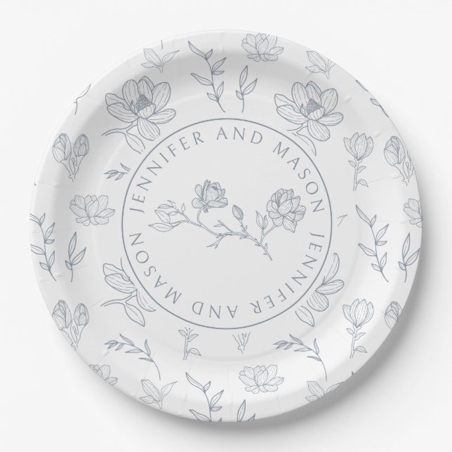 Dusty blue white floral wedding paper plates (Front)