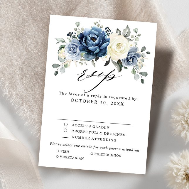 Dusty Blue White Floral Wedding Reply Meal Choice RSVP Card (Dusty Blue White Floral Wedding Reply | Meal Choice RSVP Card)