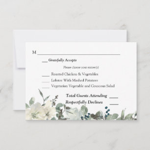 Dusty Blue & White Floral Wedding RSVP 3 Meal Card