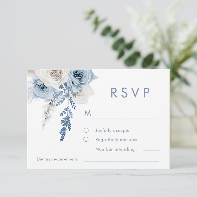 Dusty Blue & White Floral Wedding  RSVP Card (Standing Front)