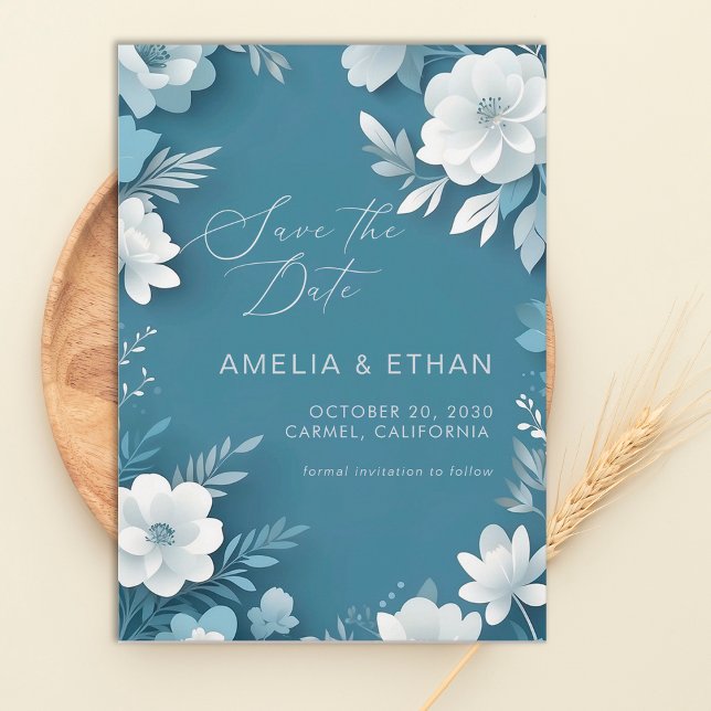 Dusty Blue White Floral Wedding Save Date Save The Date (Creator Uploaded)