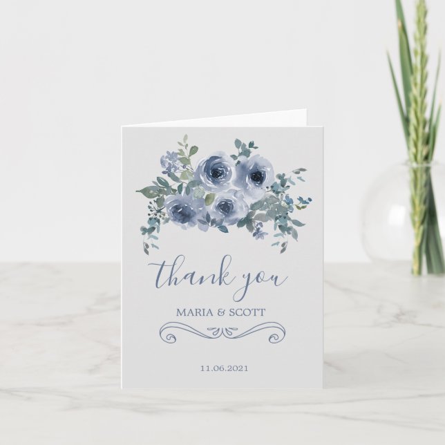 Dusty Blue White Floral Wedding Thank You Card (Front)