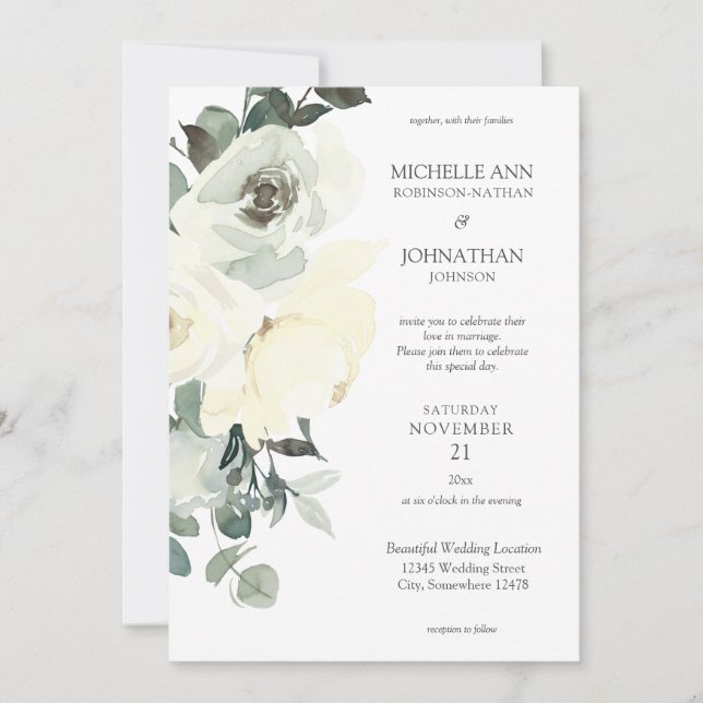 Dusty Blue & White Floral Wedding- White 2 Invitation (Front)