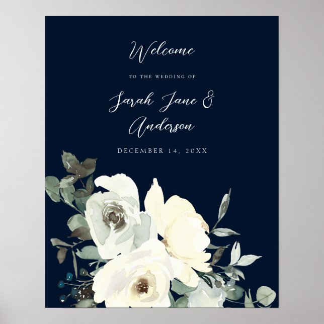 Dusty Blue & White Floral Welcome Wedding- Navy Poster (Front)