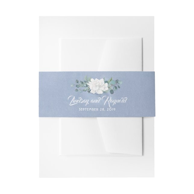 Dusty Blue White Flowers Wedding Invitation Belly Band (Front Example)