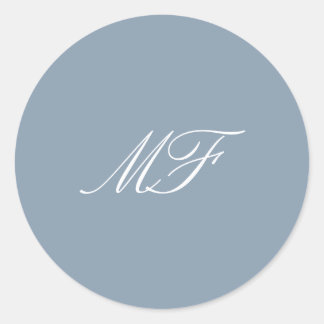 Dusty Blue White Formal Classic Monogram Wedding Round Sticker