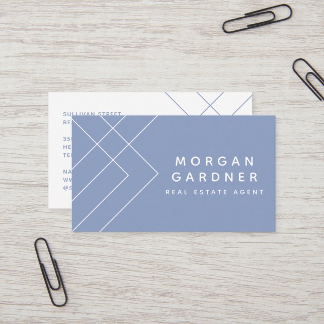 Dusty Blue White Geometric Real Estate Agent Business Card (Front/Back In Situ)