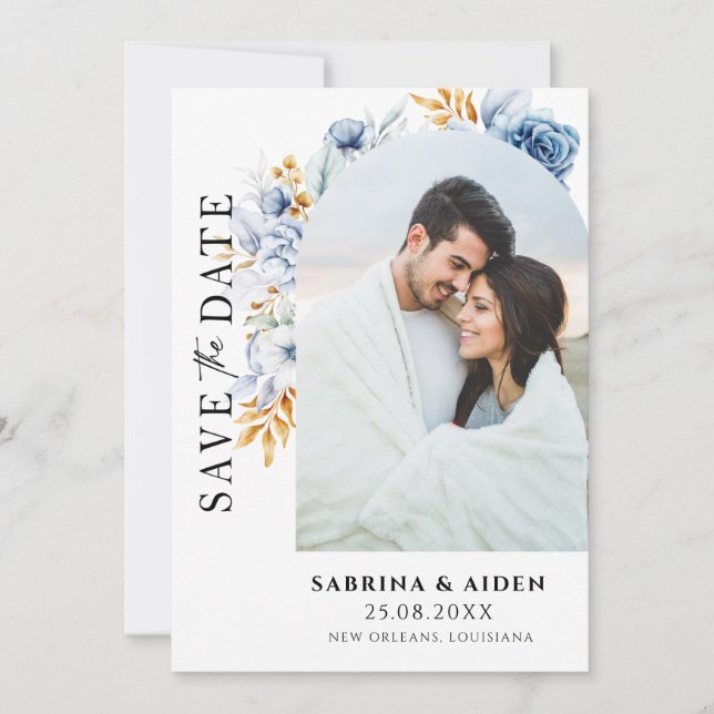 Dusty Blue White Gold Floral Arch Photo QR Code  Save The Date (Front)