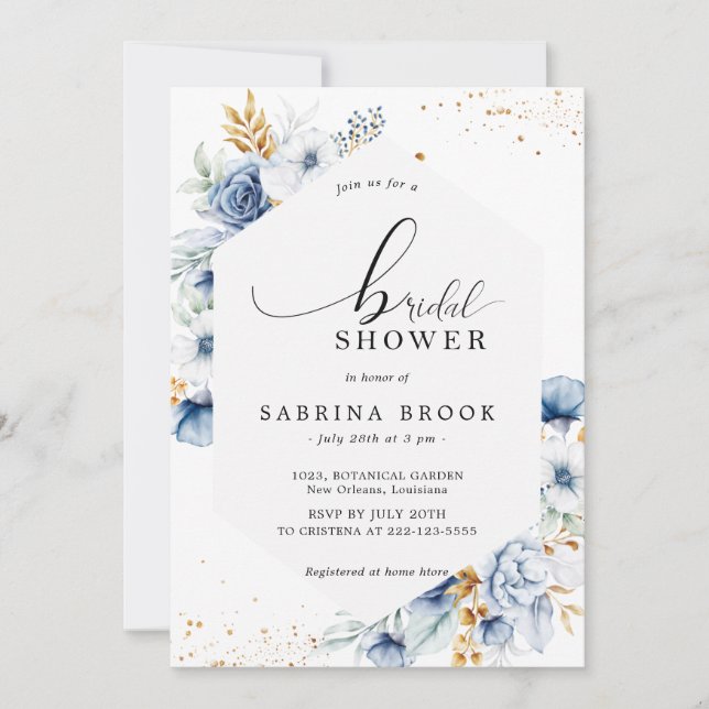 Dusty Blue White Gold Floral Bridal Shower  Invitation (Front)