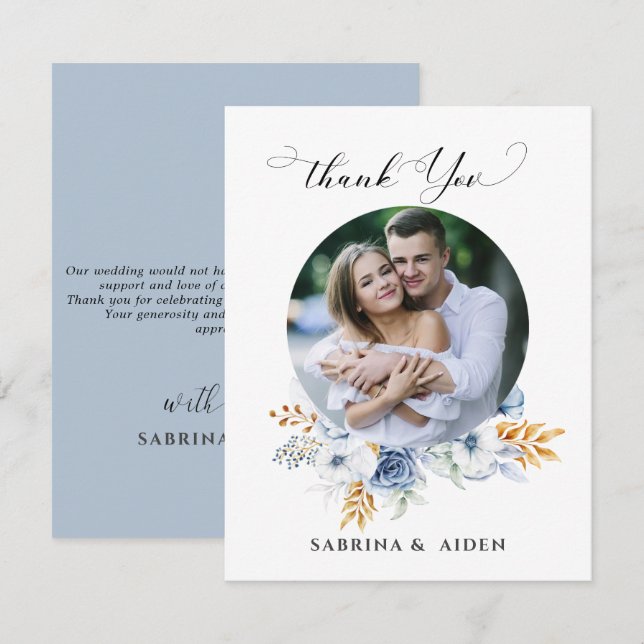 Dusty Blue White Gold Floral Photo Thank You Card (Front/Back)