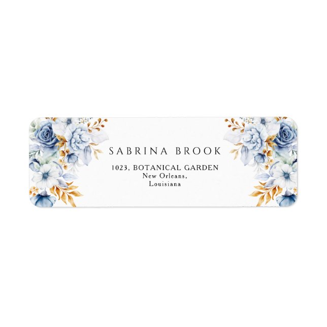 Dusty Blue White Gold Floral Wedding Address (Front)