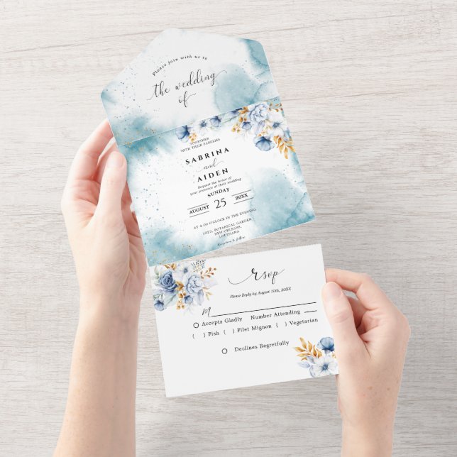 Dusty Blue White Gold Floral Wedding All In One Invitation (Tearaway)