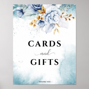 Dusty Blue White Gold Floral Wedding Cards & Gifs Poster