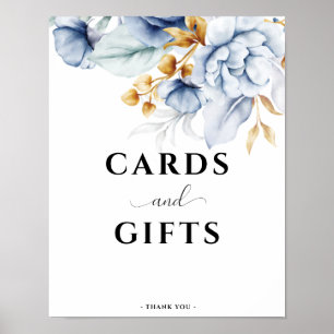 Dusty Blue White Gold Floral Wedding Cards & Gifts Poster
